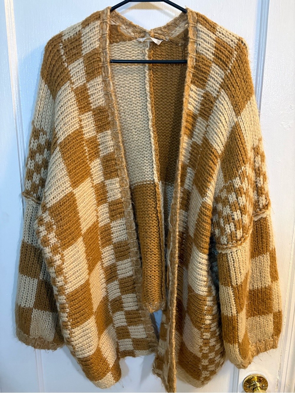 Altar'd State Cream & Mustard Check Open-Front Cardigan